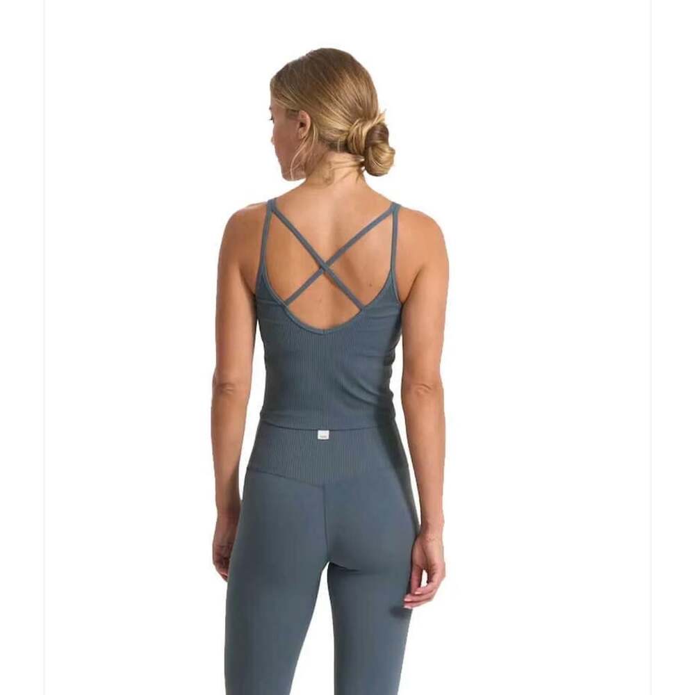 Vuori Rib Crop Tank Women’s Small Blue Gray Cross Back Yoga Workout Top